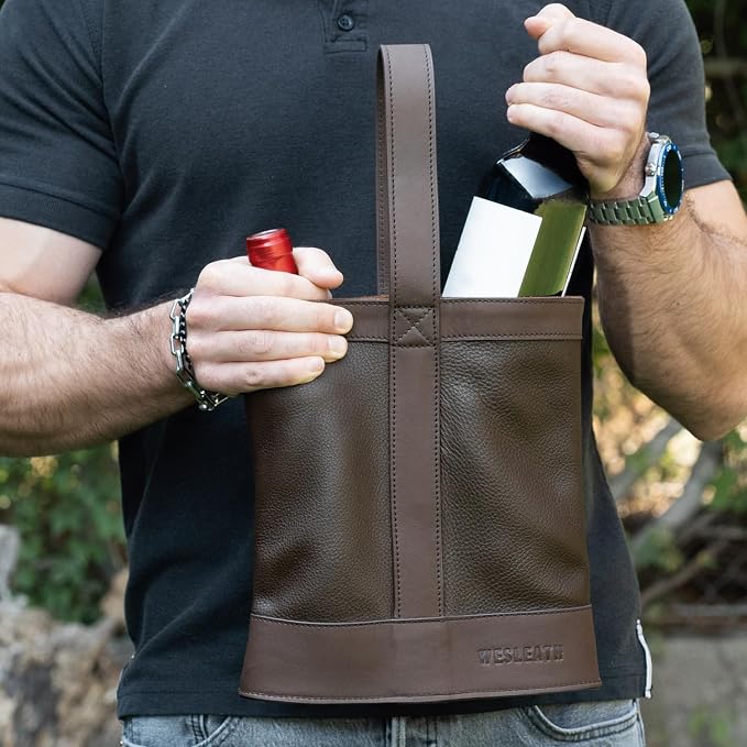 Double Wine Carrier Bag – Leather Wine Tote for Two Bottles with Handles & Metal Buckle – Protective Carrier for Picnic, Wine Champagne Gift Bag (Moka)