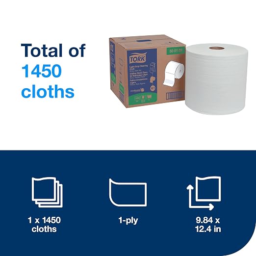 Tork Light Duty Cleaning Cloth Giant Roll White W1, Use Wet or Dry, 1 x 1450 Cloths, 500105