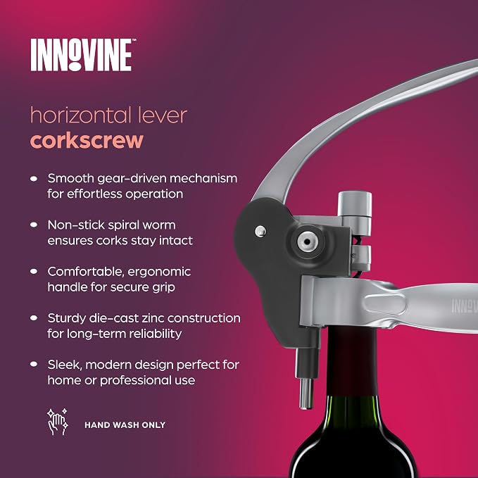 Innovine Horizontal Lever Corkscrew Wine Opener with Ergonomic Handle, Modern Design, Durable Die-Cast Zinc Construction for Home Bar, Kitchen, Outdoor Party, Housewarming Gifts, Travel, Set of 1