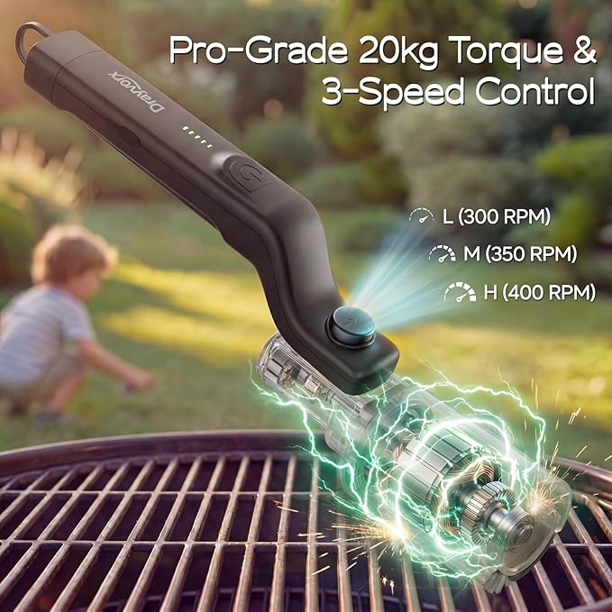 Electric Grill Brush, High Torque Grill Brush with 3-Speed Modes, 20kg Max Torque BBQ Cleaner Safe for Porcelain Cast Iron Stainless Steel, Reinforced Steel Bristles, for Fathers Day