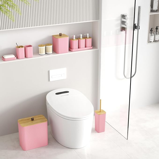 Bathroom Accessory Set - Pink Bathroom Set, 12PC Bathroom Accessories Set, Pink Bathroom Accessories Set, Mini Trash Can, Toilet Brush, Trash Can & Soap Dispenser