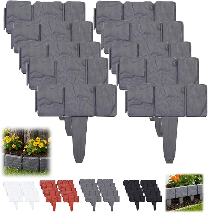 Imitation Stone Garden Fence No Dig Landscape Edging Faux Stone Garden Border Plastic Pound in Edging for Landscaping Flower Beds Yard Decorative Artificial Rock Edgers Bricks (10, Grey)