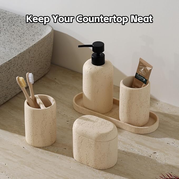 Bathroom Accessories Set, Travertine Stone Look, 5 PCS, Yellow | Modern, Bathroom Set with 13.53 OZ Soap Dispenser, Toothbrush Holder, Tumbler, Vanity Tray, Cotton Swab Jar for Countertop