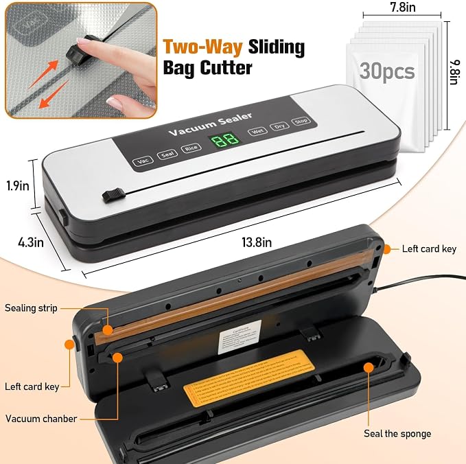 Food Sealer Vacuum Sealer Machine with 30 Bags, Built-In Cutter, 6-in-1 | Automatic, Compact Wet & Dry Food Saver Vacuum Sealers for Meat, Seal a Meal, Freezer Food Storage