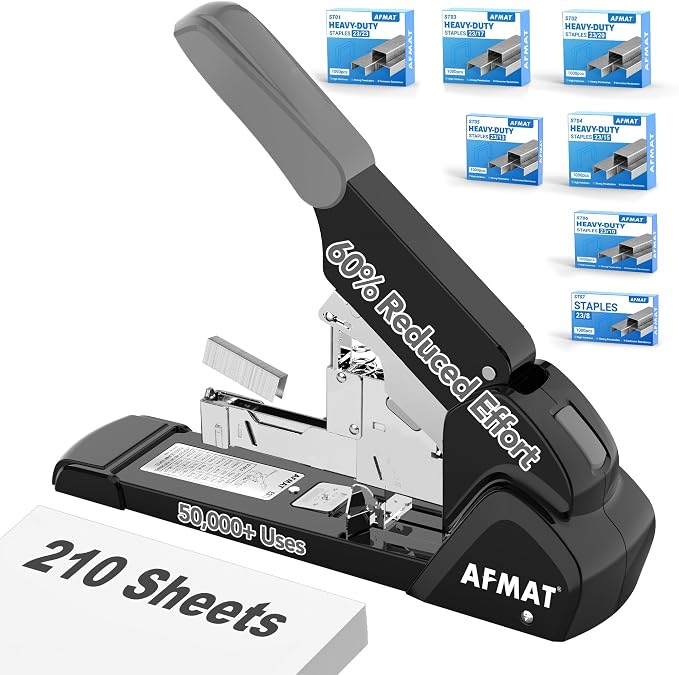 AFMAT Heavy Duty Stapler, 210 Sheet Effortless Stapler for Desk, 60% Reduced Effort, Jam Free, 50,000+ Uses, Adjustable Paper Depth, Metal Office Desktop Staplers, Includes 7000Pcs Staples, ES15