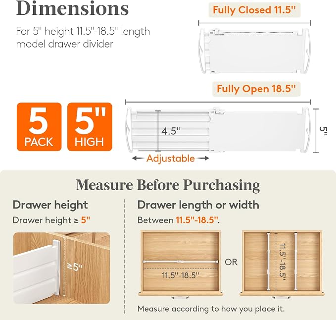 Lifewit 5" High 5 Pack Drawer Dividers, 11.5"-18.5" Adjustable Deep Drawer Organizer Clothes, Expandable White Plastic Separators for Dresser, Kitchen, Cabinet, Nursery, Office Organization & Storage