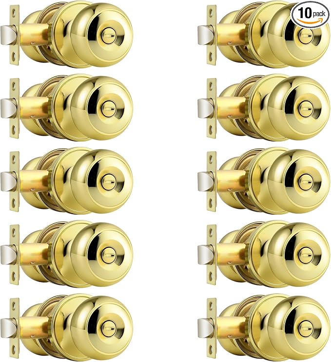 Probrico Polished Brass Privacy Interior Door Knobs Bed and Bath Keyless Door Locksets, 10 Pack