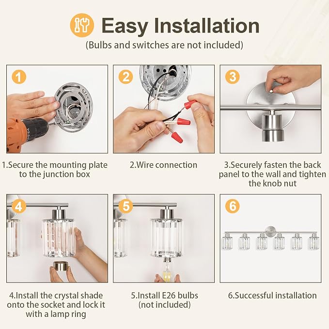 Crystal Bathroom Light Fixtures,Bathroom Lighting Fixtures Over Mirror, Modern 6-Light Brushed Nickel Vanity Lights for Mirror, Restroom,Kitchen(Ceramic E26 Socket,Bulbs Not Include)