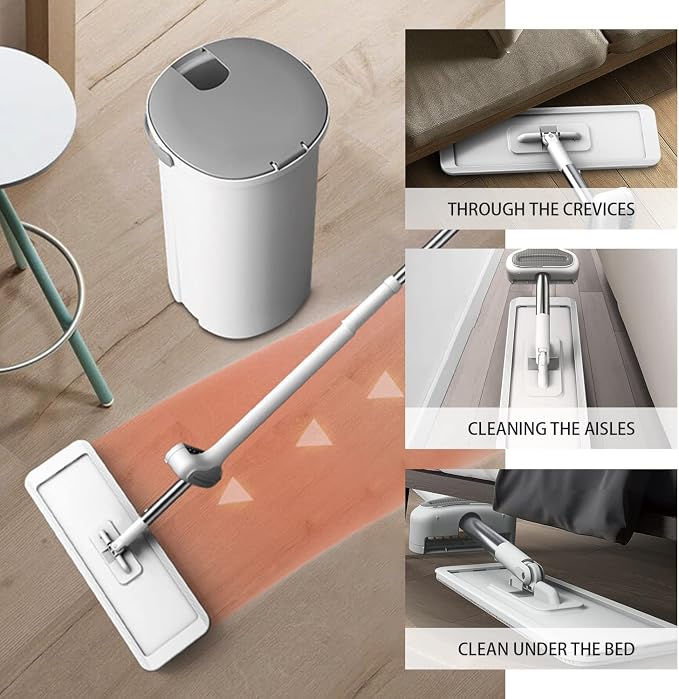 360 Hands-Free Self Wringing Floor Cleaning Mop, Flat Mop, White | Microfiber mop pads, 6 reusable washable pieces, easy hand wash. Ideal for floors & window cleaning