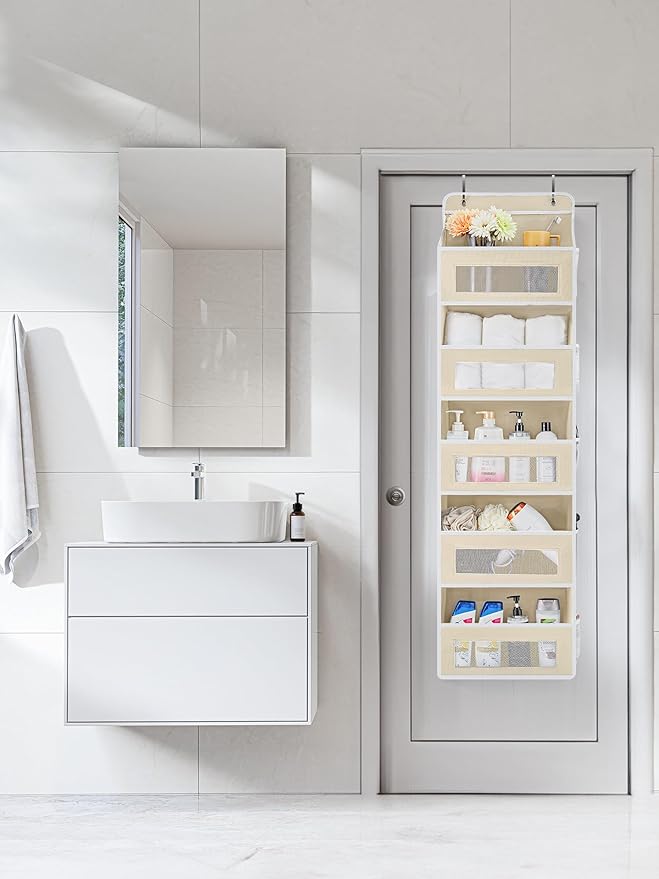 JARLINK Over the Door Organizer for Pantry, Bathroom, 5 Shelf Beige, 2 Pack | Anti-Tilt Design, 44 lb Load Capacity, Hanging Door Organizer with 5 Large Capacity Pockets, Behind Door Storage for Nursery