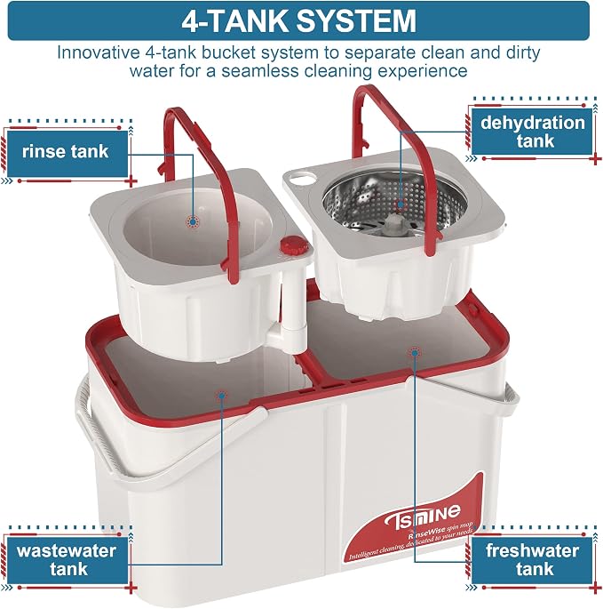RinseWise Large Gen 1 Mop Bucket Set, Clean/Dirty Water Separation | 2 Gal Clean-Water Capacity, 4 Swivel Wheels, 61-Inch Handle, 6 Reusable Heads, For Pet Homes,Hardwood,Laminate & Tile Floors