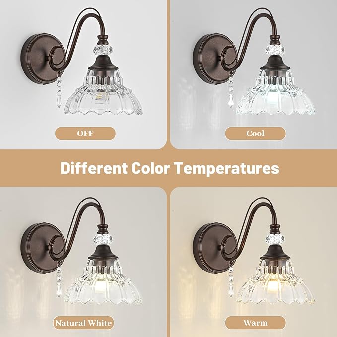 1 Piece Oil Rubbed Bronze Finish Wall Sconce, 1-Light Modern Wall Sconce with Hanging Crystal Accents and Flower-Shaped Clear Shades for Bathroom Bedroom Living Room,Modern Vanity Light