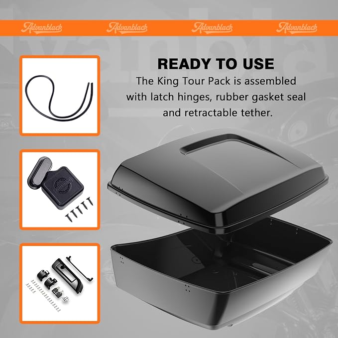 Advanblack Harley Motorcycle Vivid Black King Tour Trunk Pack Luggage +Wrap-Around Backrest Pad for '97-'23 Harley Touring Road King Road Glide Street Glide Electra Glide CVO models