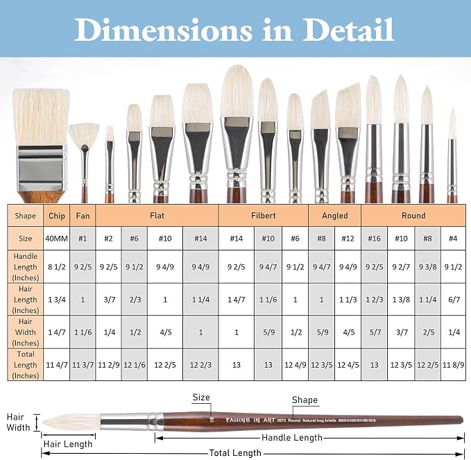 Falling in Art Natural Bristle Professional Paintbrush Set, 15PCS Long Handle Brushes for Acrylic Painting, Oil Paint Brushes of Fan, Round, Flat, Angled, and, Filbert with Storage Pouch, Brown