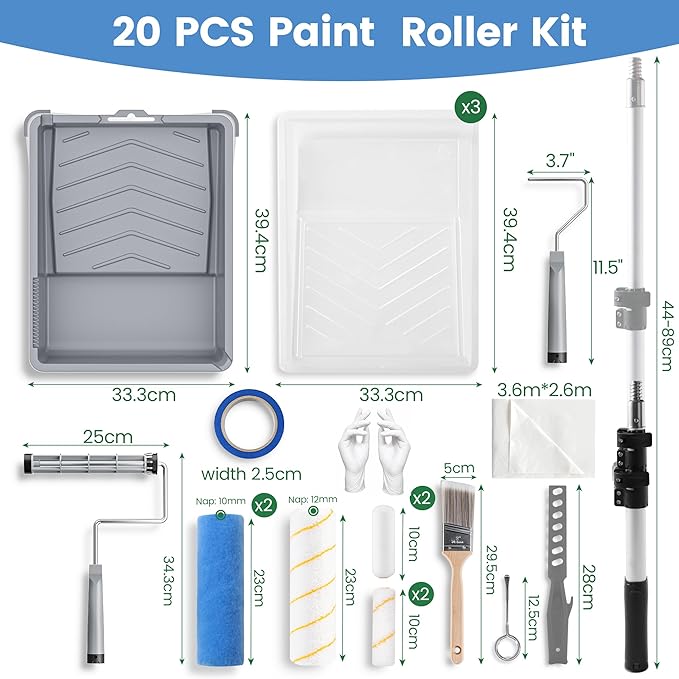 VOOMEY Professional Paint Roller Kit with Telescopic Extension Pole (44-89cm) 23cm, Polyester Paint Roller for Walls, 10cm Sponge Roller for Edges & Corners, Brush Set for Ceiling, DIY Home Renovation