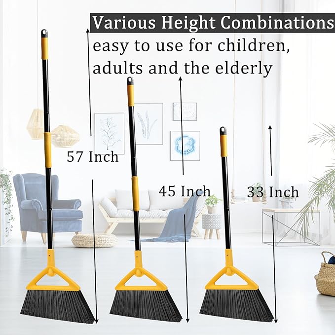 Heavy Duty Angle Broom 2 Pack - Yellow Broom for Outdoor & Indoor, Garage, Driveway, Sidewalk, Kitchen & More, Long Handle