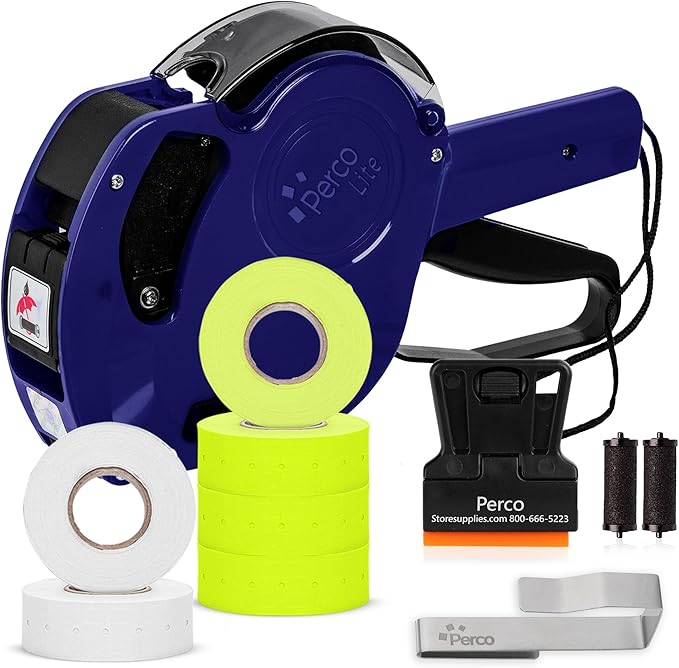 Perco Lite 1 Line Price Gun Kit for Retail Business – Includes 2 White Rolls, 4 Yellow Rolls, Gun Clip & Ink Rollers – Pre-Loaded Pricing Gun w Labels & Ink