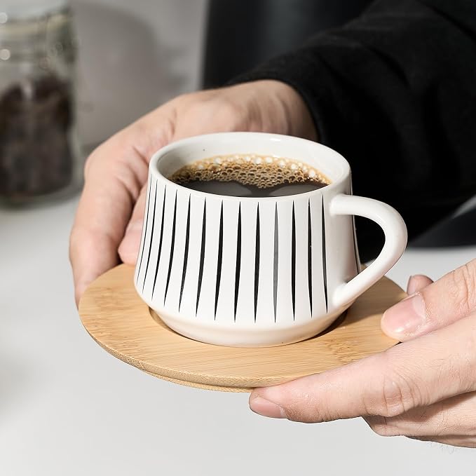 LUKA Ceramic Coffee Espresso Cups with Saucers Set with Metal Holder, 4.4 oz Porcelain Demitasse Cups For Tea, Espresso, Latte, Coffee, Cafe Mocha, Set of 6, White