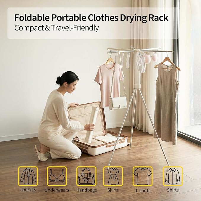 BIREN Foldable Clothes Drying Rack Tripod Clothes Rack with Clips Heavy Duty Laundry Rack Portable Clothing Racks for Travel, Camping, Hotel, Apartment, 6 Poles
