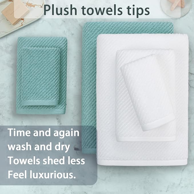 VOOVA & MOVAS 6PC Towel Set, 100% Cotton, Aqua Teal White | 2 Large Bath 30x56 In,2 Hand 18x28 In, 2 Washcloths 13x13 In, Soft, Quick Dry, Thick, Bathroom Essentials