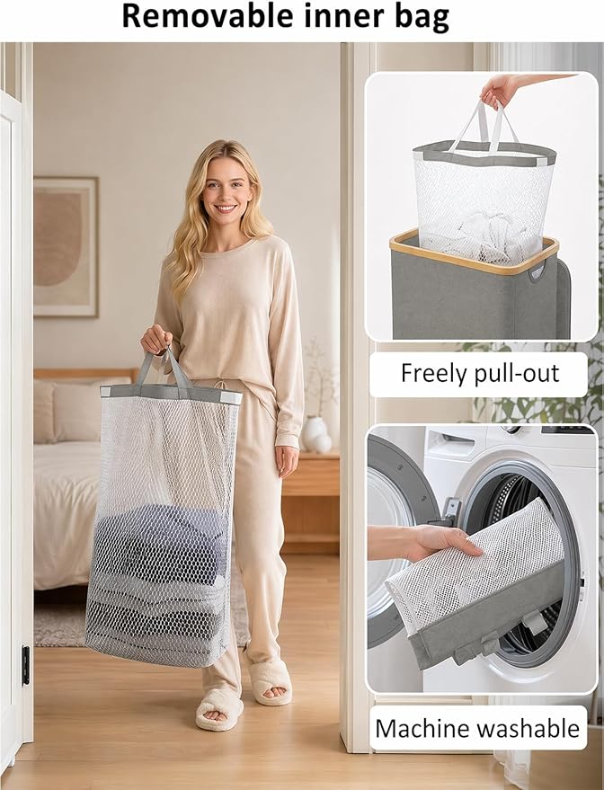 iEGrow Laundry Hamper with Lid, 110L Large Laundry Hamper with Handle and Lid, Collapsible Clothes Basket Organizer with Removable Inner Bag for Clothes Toys Towels - Grey