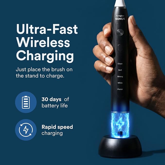 AURAGLOW Sonic Electric Toothbrush for Adults – Rechargeable, 40,000 VPM, 5 Modes, Removes 10x More Plaque, IPX7 Waterproof, Wireless Charging, 30-Day Battery, 2 Brush Heads & Travel Case