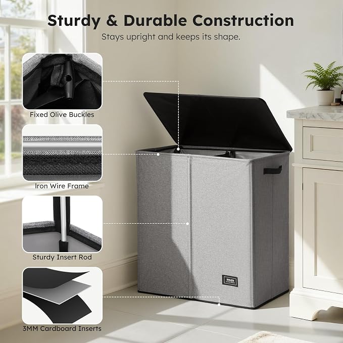 SOLEDI Large Double Laundry Hamper with Lid,165L Collapsible Clothes Hamper 2 section with Removable Bags, Space-Saving Laundry Basket for Bedroom, Dorm, College