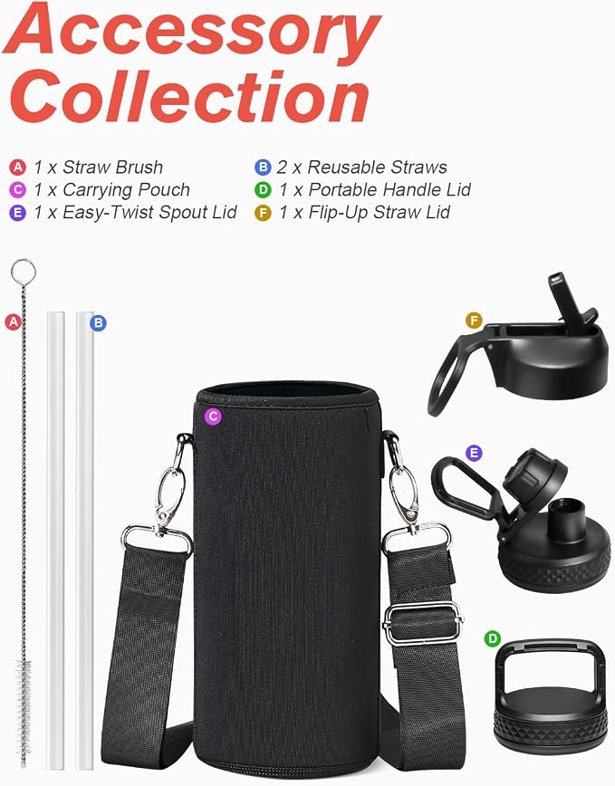 Water Bottle 32 oz Insulated with Straw, Coolflask Stainless Steel Metal 3 Lids Water Flask Wide Mouth for Sports or Office, Non-BPA Keep Cold Up to 48 Hrs or Hot Up to 24 Hrs, Magic Black