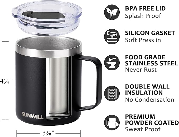 SUNWILL Travel Coffee Mug with Lid, Insulated Tumbler with Handle, 14oz Stainless Steel Cup for Camping, Outdoor, Powder Coated Black