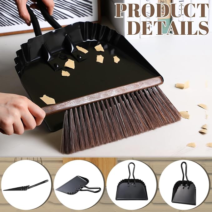 SiliFine 4 Pcs Dustpan and Brush Set 12" Heavy Duty Metal Dust Pan with Handle Brush Set Hand Mini Dust Pan Small Broom and Dustpan for Kitchen Cleaning Car Sofa Desk Home Keyboard Desk Pet