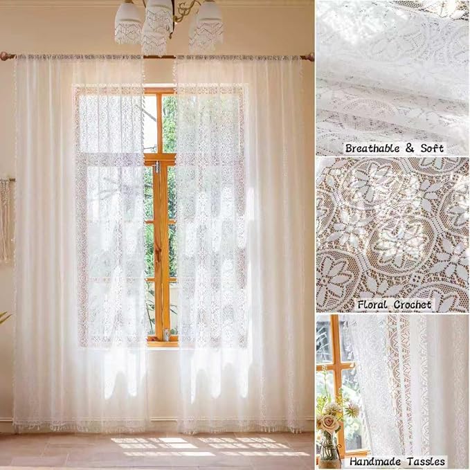 Sutuo Home Boho Lace Curtains 96 inches Long,Semi Sheer Curtains for Living Room Bedroom Farmhouse Floral Victorian Privacy Crochet Vintage Tassels Cottagecore Decor Rod Pocket, 2 Panels 50" W,White