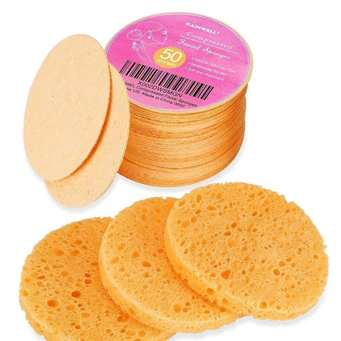 GAINWELL 50-Count Compressed, GAINWELL Cellulose, 100% Natural Cosmetic Spa Sponge for Facial Cleansing, Exfoliating Mask, Makeup Removal