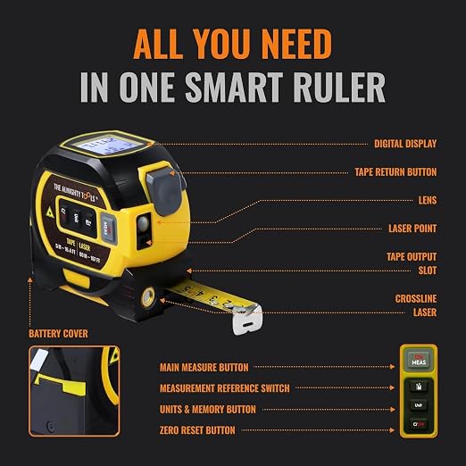 The Almighty Ruler Laser Tape Measure | Laser Distance Measurer, Heavy-Duty Tool with Cross Marking Feature, Smart Range Finder, Easy-Read Display, Ft & Metric Measurement | 131 ft | 43 yd | 40 m