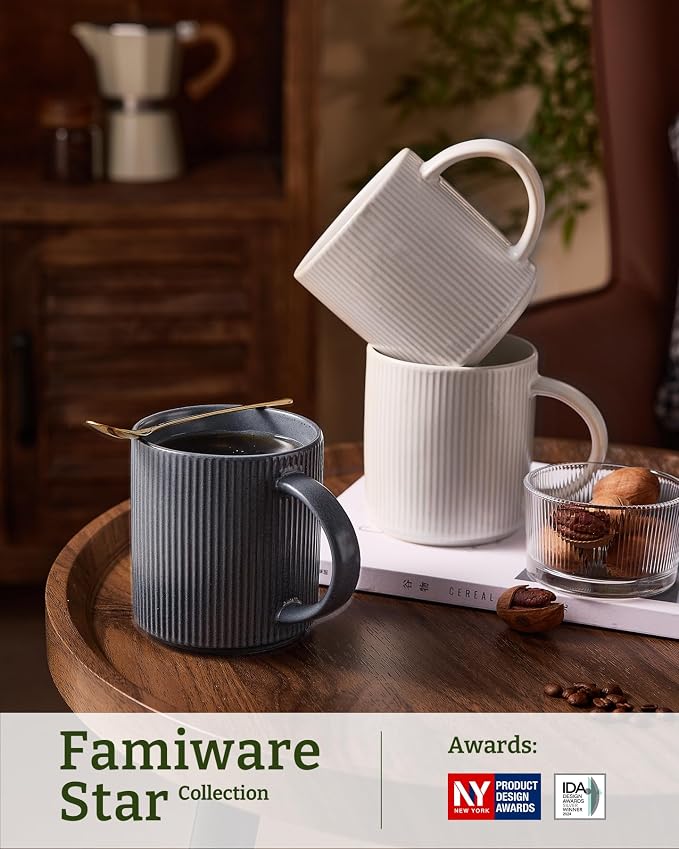 famiware Coffee Mug Set for 6, Star 16 oz Catering Mugs Cup Set with Handle for Coffee, Tea, Cocoa, Milk - Ceramic Stoneware Drinkware Set, Matte White + Matte Black