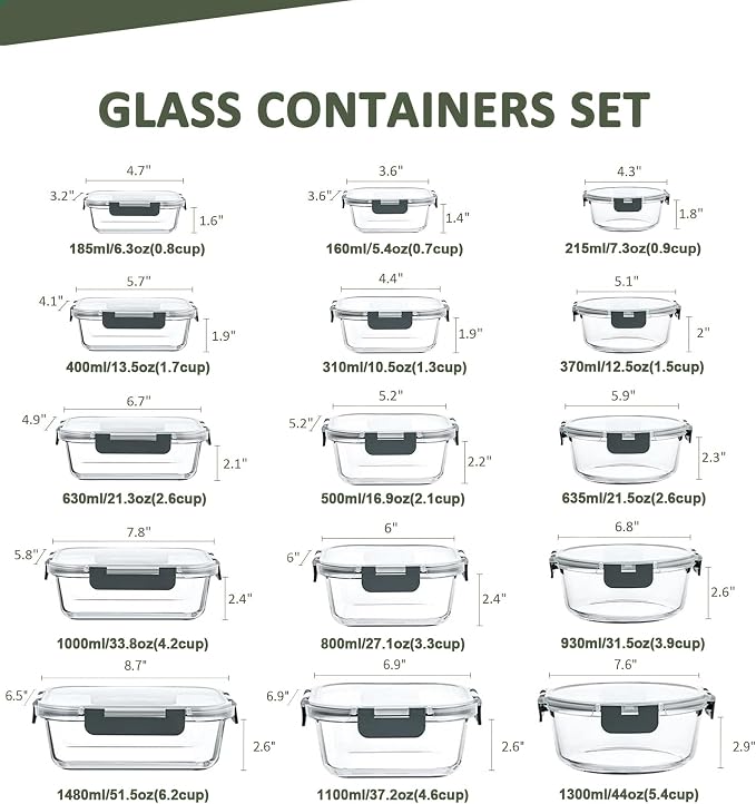 30 Pieces Glass Food Storage Containers Set with Lids, Gray | Glass Meal Prep Containers Set, Snap Locking Lids, Airtight lunch Containers for Microwave, Oven, Freezer & Dishwasher