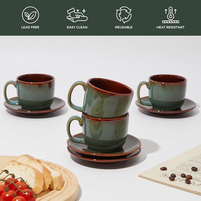 Pokini Stoneware Coffee Cups with Saucers, 6 Oz Cappuccino Cups Set of 4, Microwave & Dishwasher Safe, Perfect For Tea, Espresso, Latte, Ceramic Mugs for Kitchen or Cafe, Brown Green