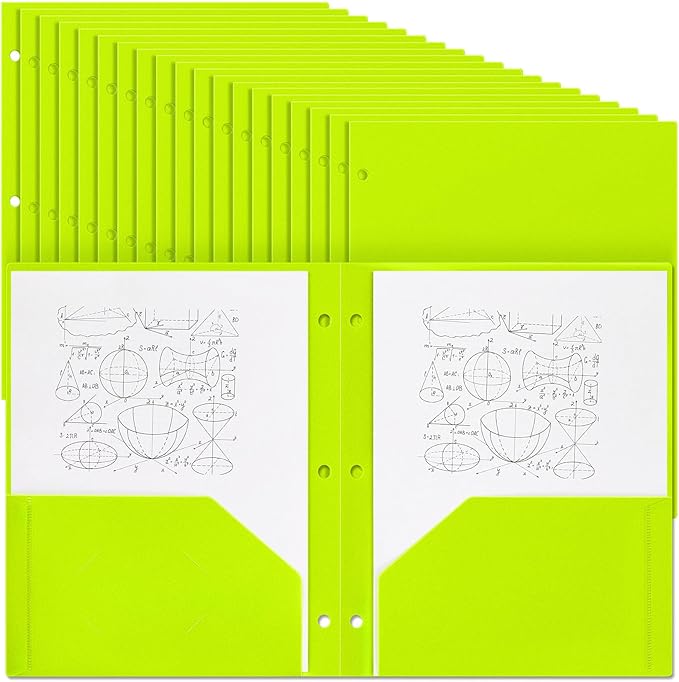 Yeaqee 72 Pcs Plastic Folders with Pockets Bulk 3 Hole Punched 2 Pocket File Folders for 3 Ring Binder Divider Folder for Notebooks, Durable Poly for Office Home (Neon Green)