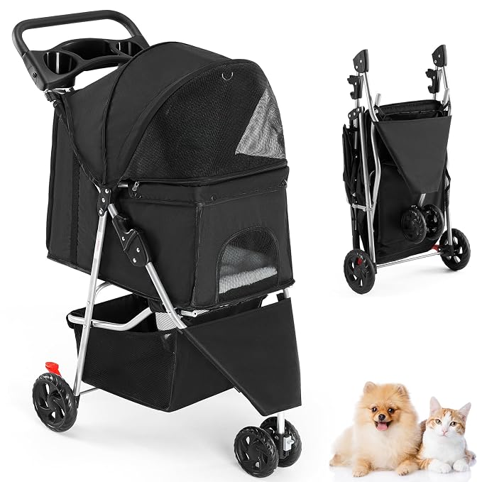DUMOS 3 Wheels Pet Stroller for Dogs and Cats, Foldable Dog Stroller with Mesh Windows, Storage Basket & Cup Holder, Lightweight & Durable Pet Carrier for Travel, Outdoor Use – Black