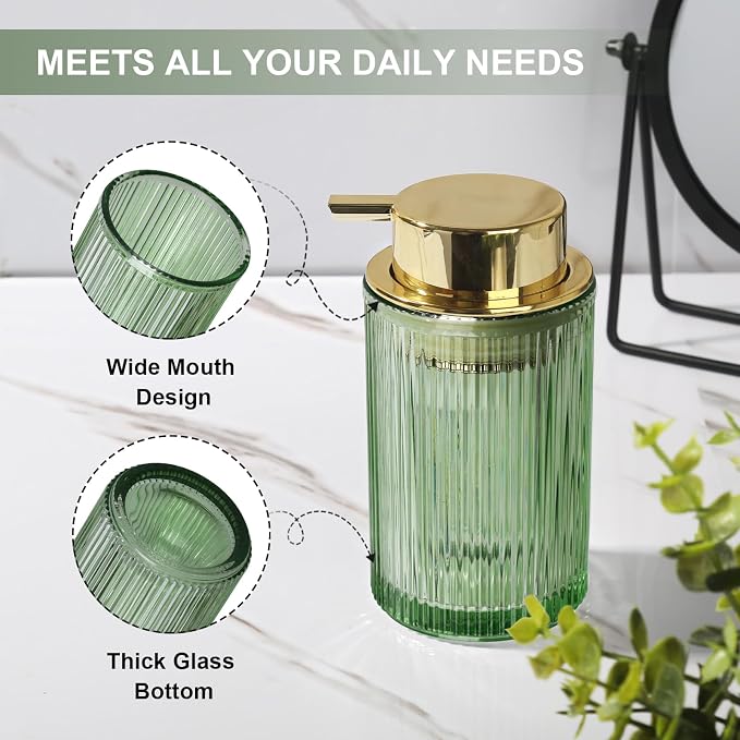 KASUNTING Green Glass Foaming Soap Dispenser, Ribbed Foam Hand Soap Dispenser for Bathroom, 11 Fl Oz Refillable Foaming Pump Bottle with Black Pump, Modern Dish Soap Foam Dispenser