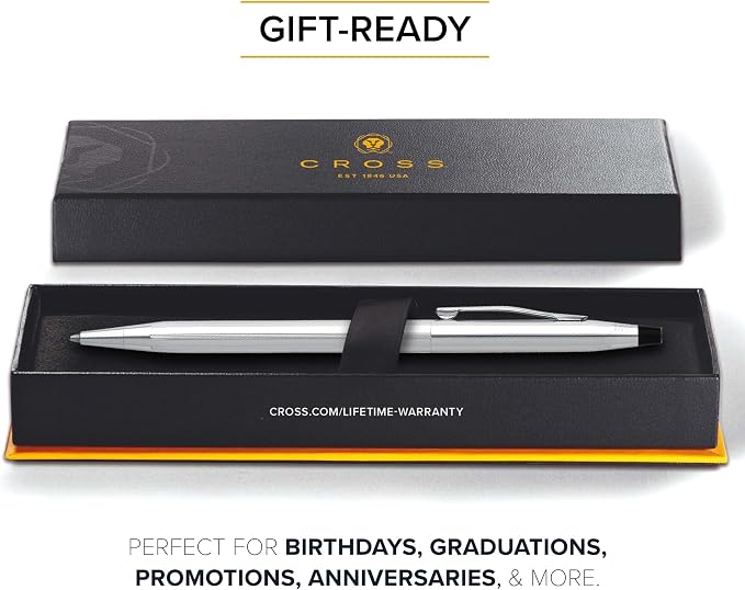 Cross Classic Century Lustrous Chrome Ballpoint Pen - Refillable Pen for Effortless Writing - Black Ink - Durable Construction - Premier Distinctive Look - Gift-Ready