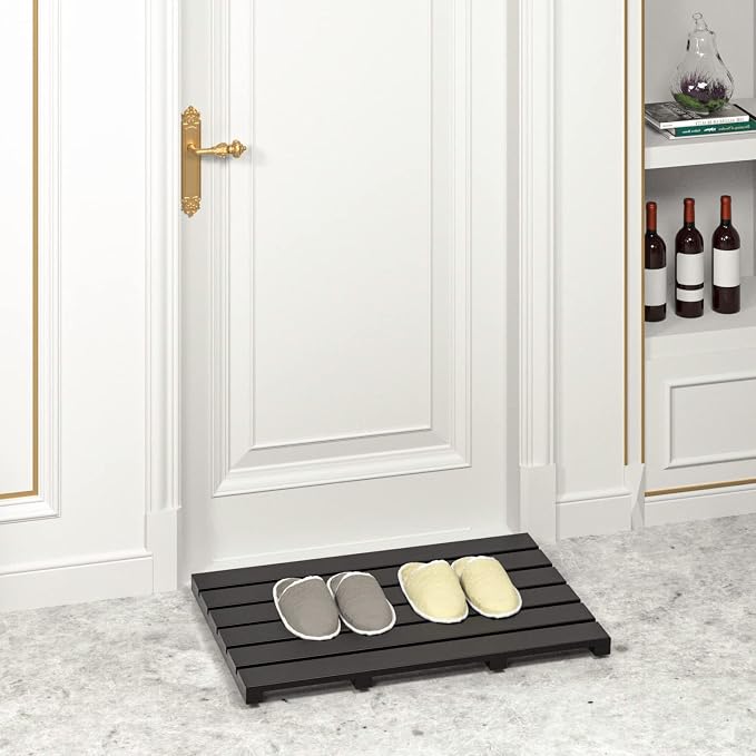 Bath Mat for Bathroom Luxury Shower - Non-Slip Bamboo Wooden Waterproof Floor Mat for Indoor or Outdoor Use(Black)