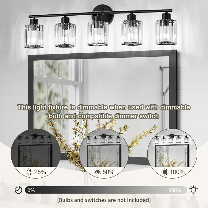 Crystal Bathroom Light Fixtures, Bathroom Lighting Fixtures Over Mirror, Modern Black 5-Light Vanity Lights for Mirror,Restroom, Bedroom (Ceramic E26 Socket,Bulbs Not Include)