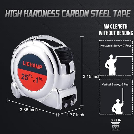 LICHAMP Tape Measure 25 ft with Magnetic, 6 Pack Bulk Easy Read Chrome Measuring Tape Retractable with Fractions 1/8, Measurement Tapes 25-Foot by 1-Inch, Round