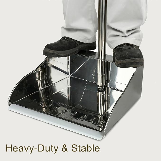 Metal Dust Pan with Long Handle, Stainless Steel Standing Dustpan | Metal Dustpan with Teeth