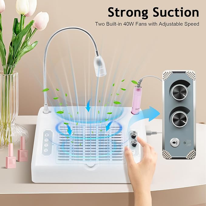 Gropyong 5 in 1 Nail Dust Collector for Polygel Acrylic Nails with Electric Nail Drill+UV Gel Nail Dryer Lamp+LED Desk Lamp+Hand Cushion,Professional Dust Collector for Nails Salon & Home Manicure