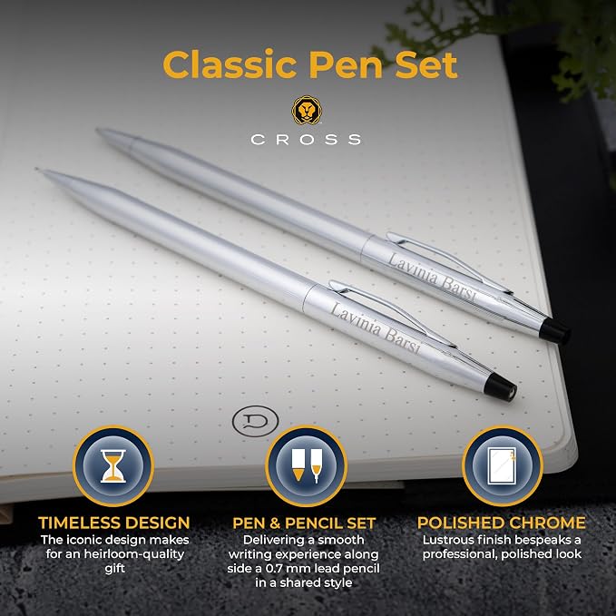 Cross Classic Century Engraved Ballpoint Pen and Pencil Set, Chrome, Slim Twist Action, Personalized Gift for Graduation, New Job, Retirement, Career Advancement, Cross Gift Box Included