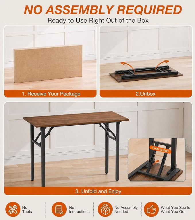 XBurmo Folding Desk Foldable Table, No Assembly 43.3" Foldable Desk Space-Saving Workstation for Small Space, Computer Table, Flat Storage for Home Office, Bedroom, Dorm, Study Room, Dark Walnut