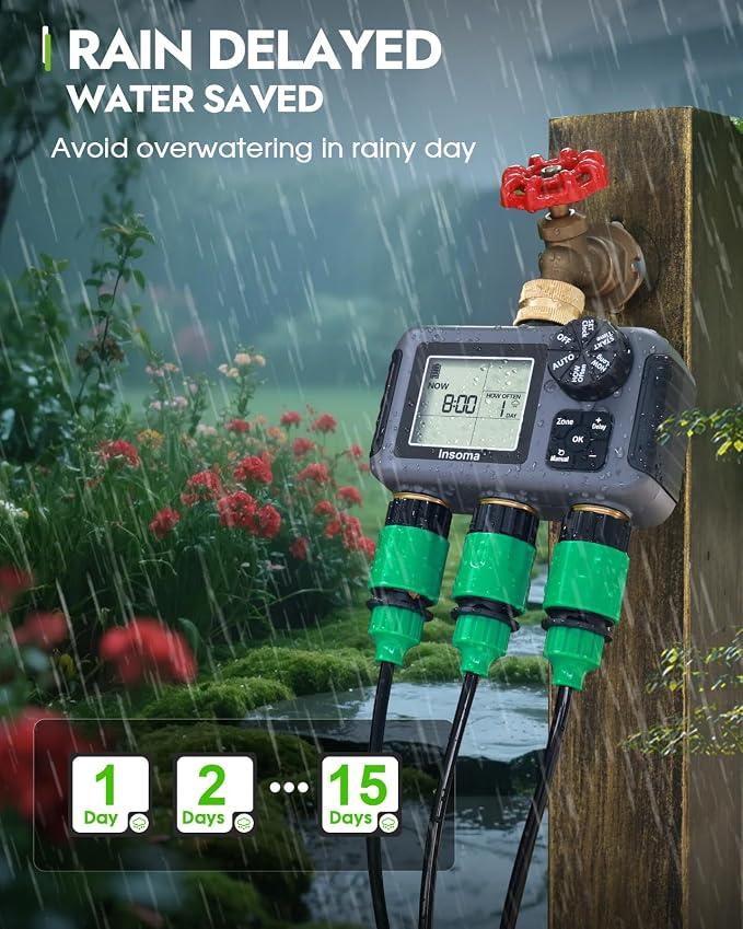 Insoma 3 Outlets Sprinkler Timer, Brass Inlet and Outlet | Automatic Irrigation/Manual Mode Optional | Large LCD + Rain Delay | IPX5 Waterproof, Water Hose Timer for Lawn, Garden, Pool