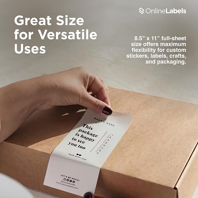 Sticker Paper, 10 Sheets, White Matte, 8.5" x 11" Full Sheet Label, Works with Inkjet and Laser Printer, Compatible with Electronic Cutting Machines, OL177WX, OnlineLabels
