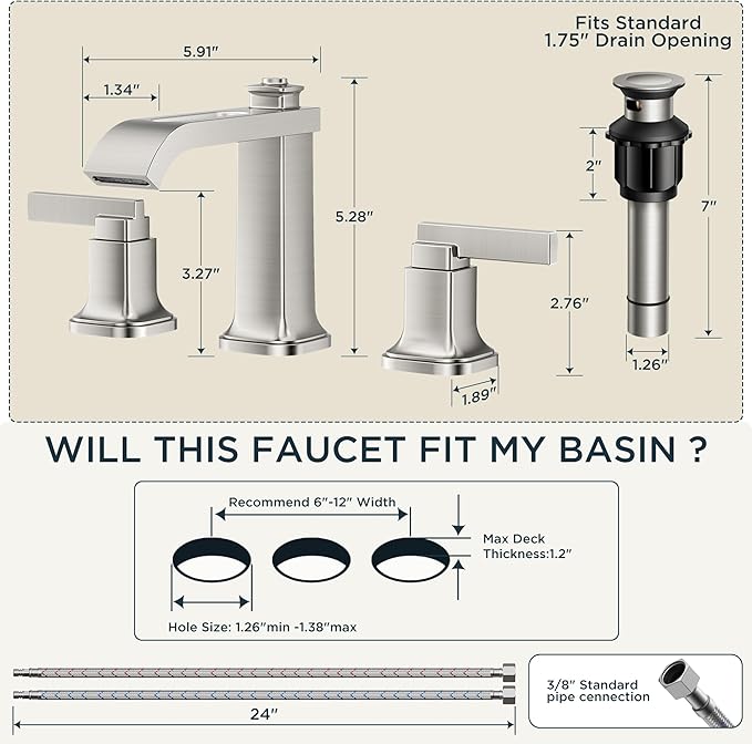 FORIOUS Brushed Nikcel Bathroom Faucet, 8 Inch Widespread Bathroom Vanity Faucets 3 Hole with Metal Pop Up Drain, Unique Waterfall Design
